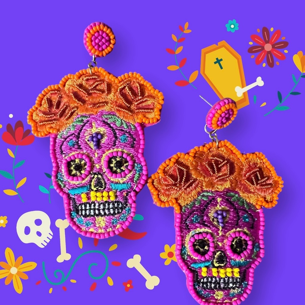 Pink Dia De Los Muertos Earrings, Sugar Skull Seed Bead Dangle Boutique Earrings